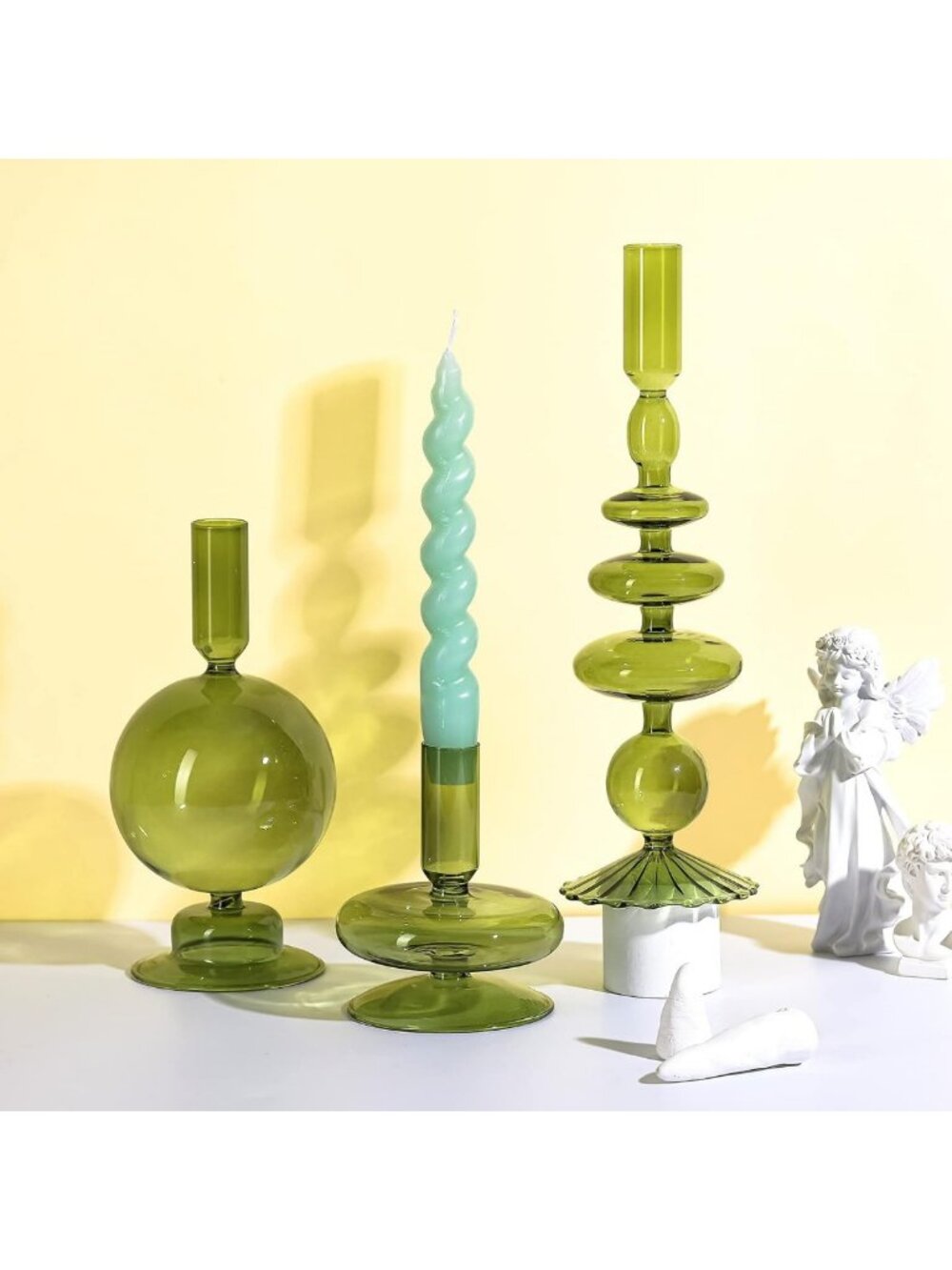 Set of 3 Elegant Green Glass Candle Holders - Stylish Home Decor Accent - Picture 7 of 7